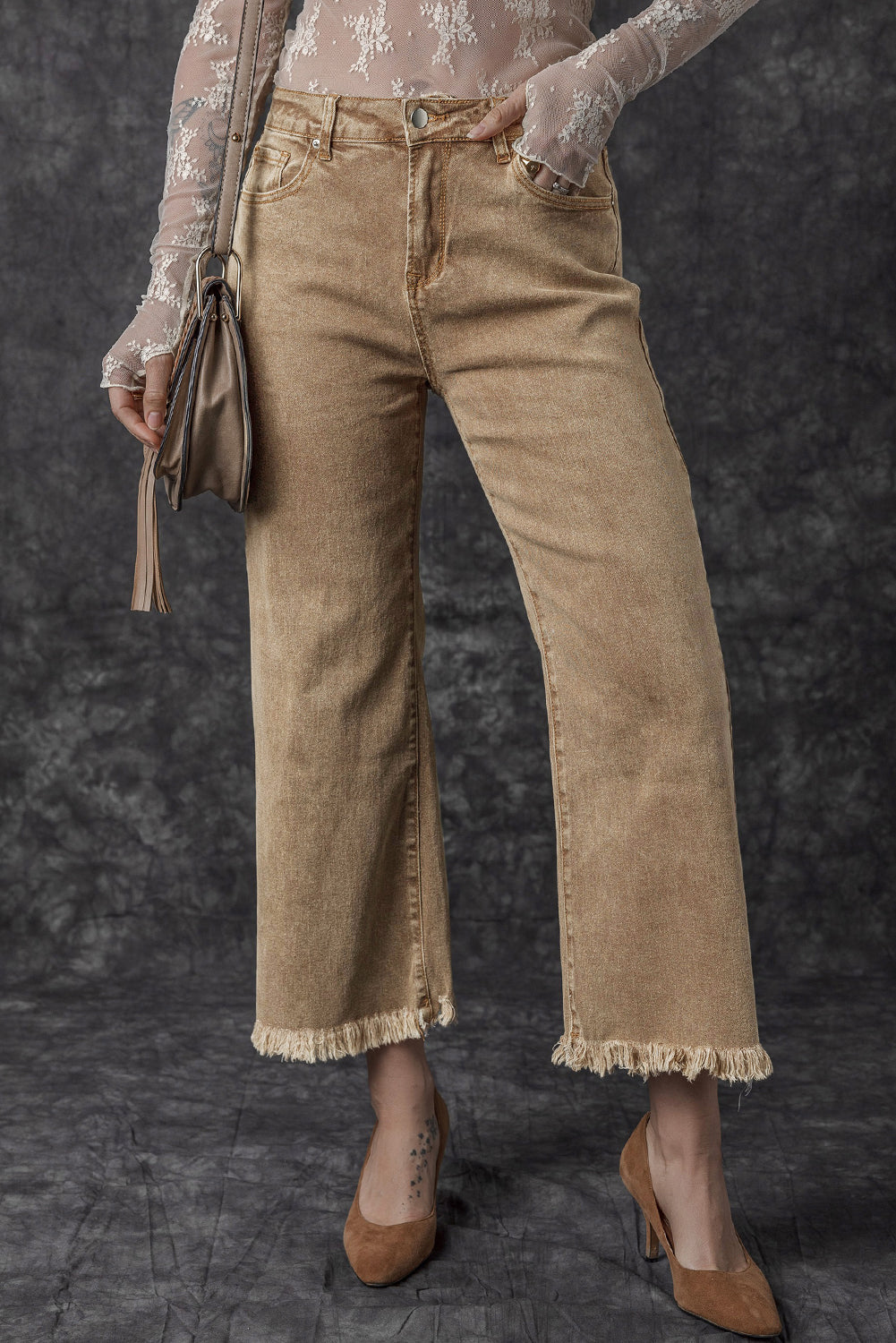 Women's Jeans Featuring Acid Washed High Rise Cropped Wide-Leg