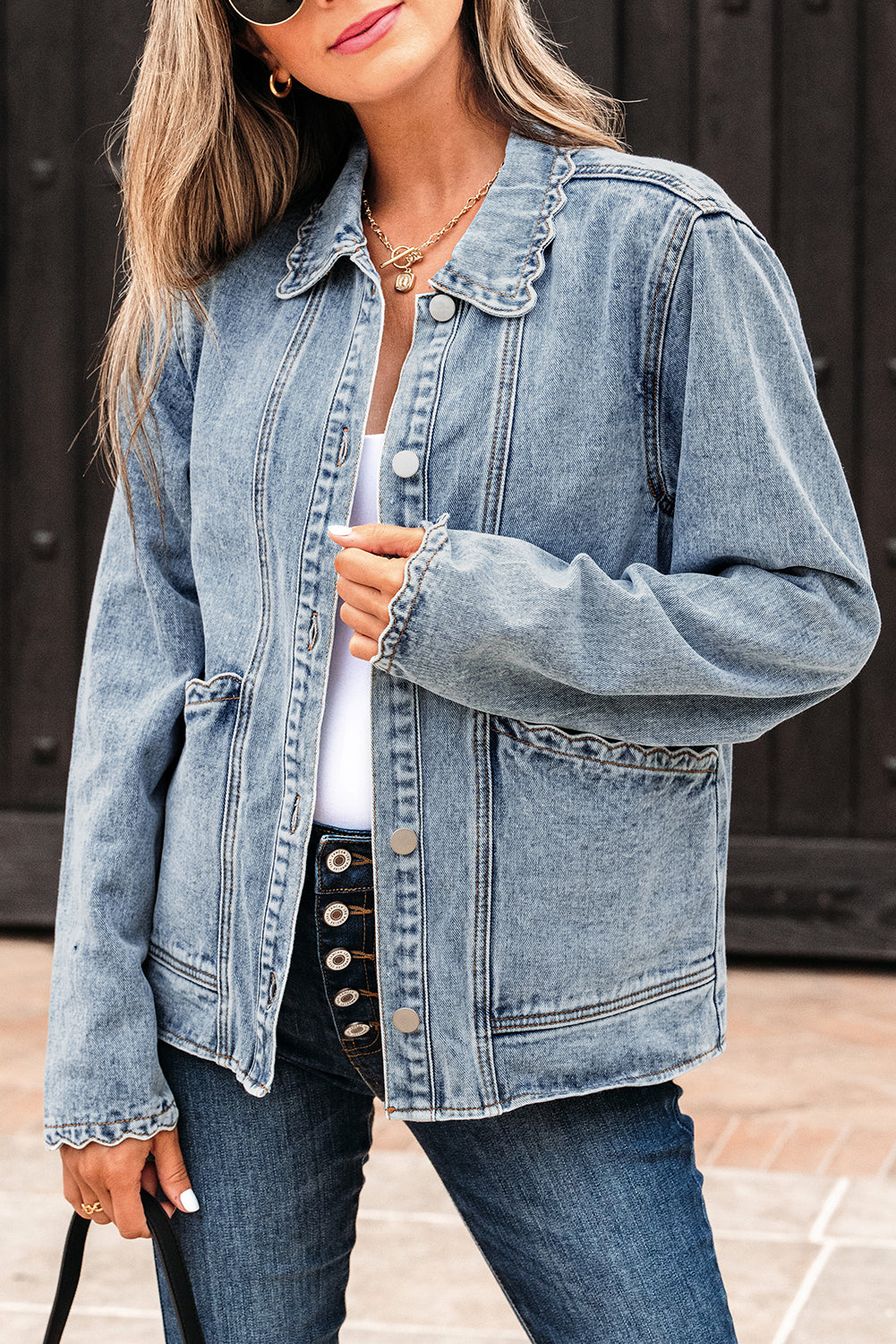 Scallop Patched Trim Collar Pocket Button-Front Denim Jacket