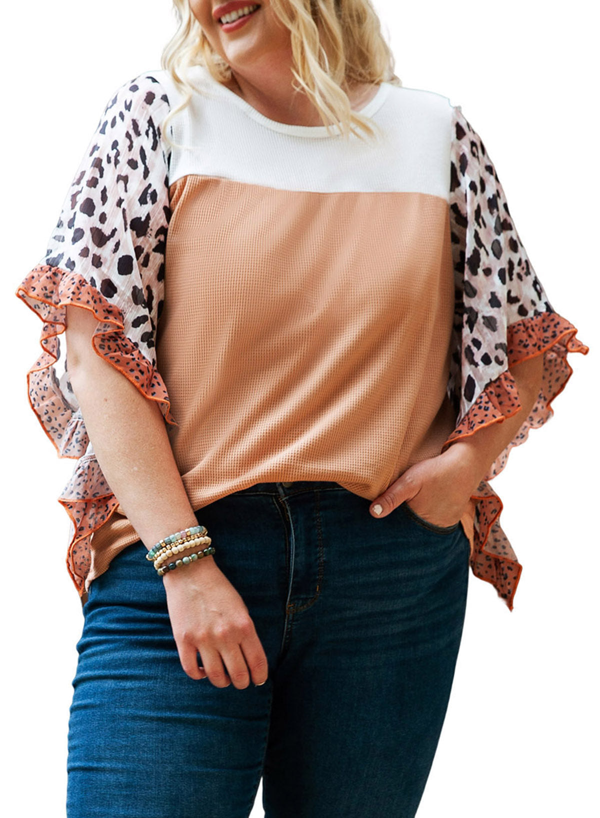 Top for Women Ruffle-Trimmed Plus Size Waffle Knitted