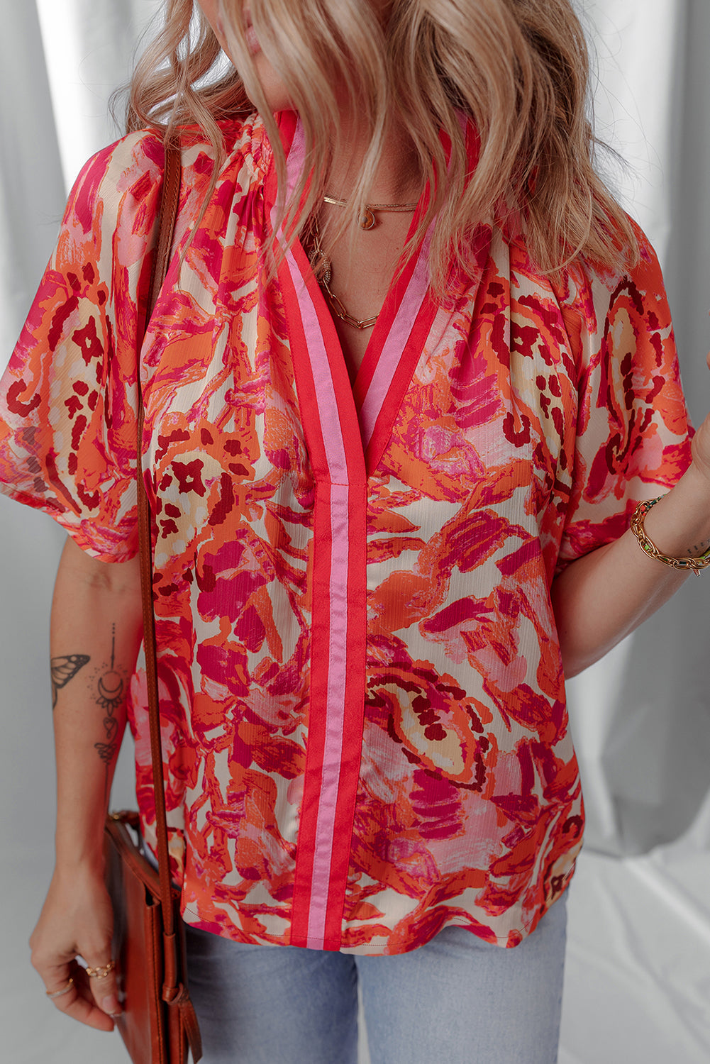 Striped Abstract Print Trim Split Neck Blouse