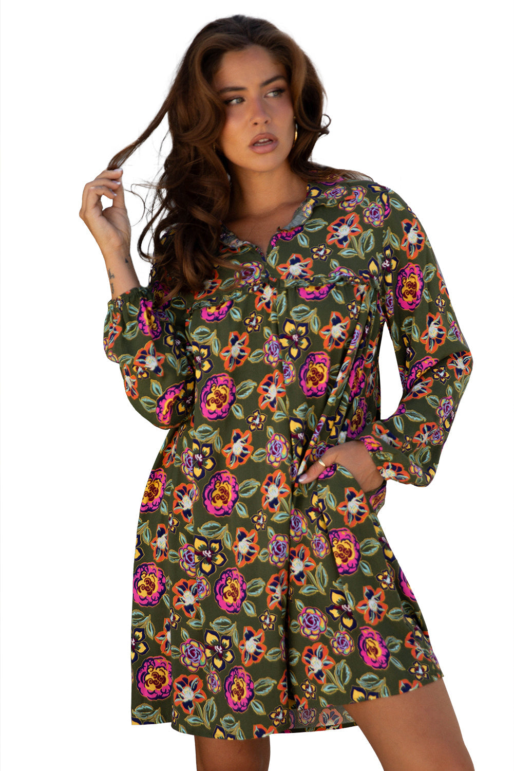Floral-Print Split Neck Bubble Sleeve Shift Mini Dress