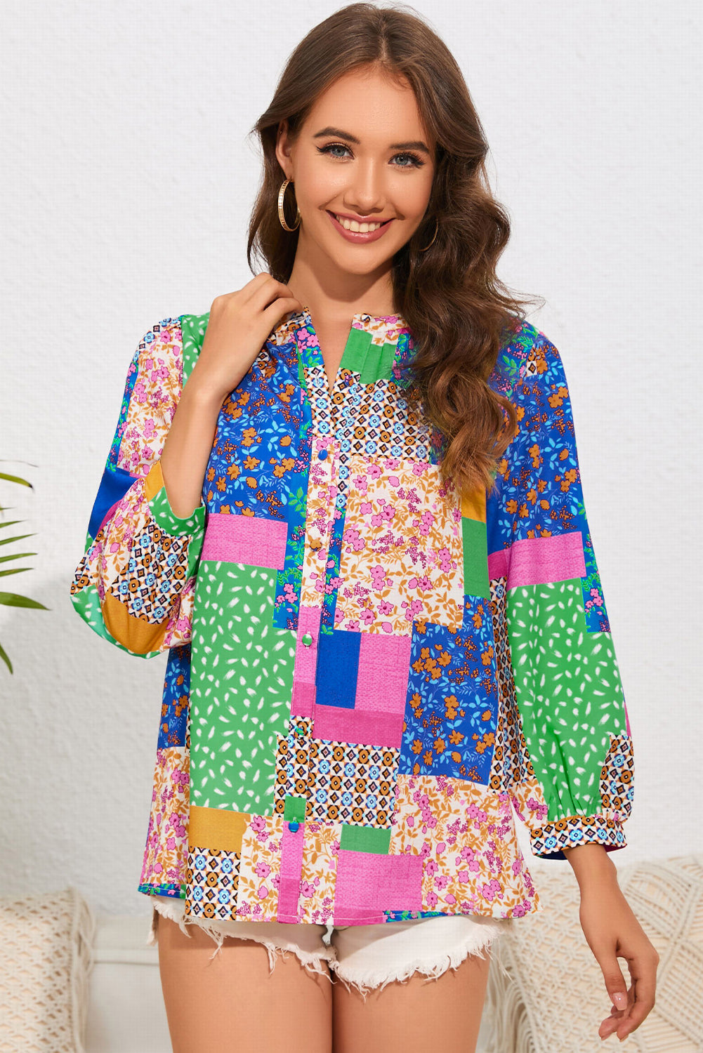 Shirt for Women Floral-Print Patchwork Balloon Sleeve