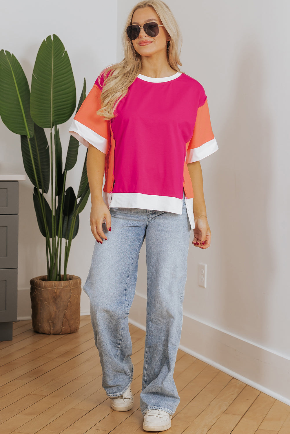 Rose Red Color Block Loose Fit T Shirt