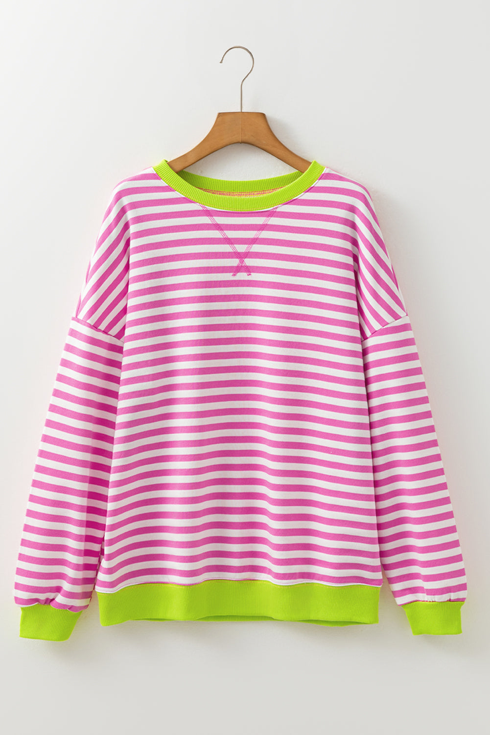 Contrast Rib-Knit Striped Rib-Knit Trim Crossed Stitch Drop-Shoulder Sweatshirt