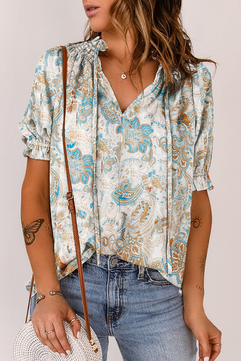 Women's Blouse Featuring Paisley Pattern Print V Neck