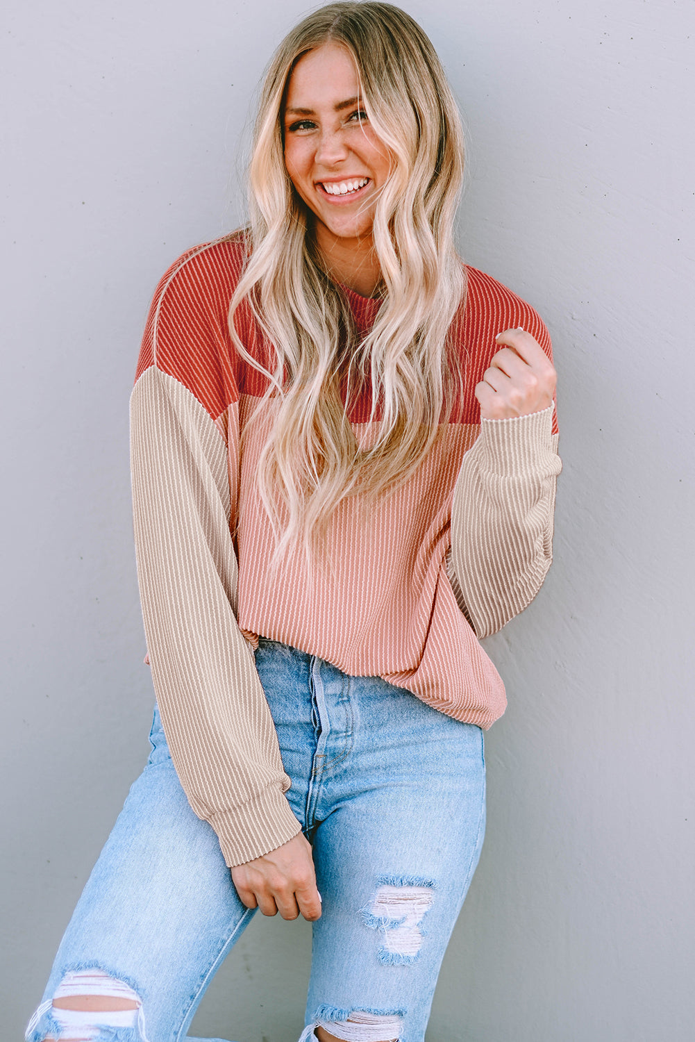Women's Top Featuring Long-Sleeve Rib-Knitted Loose