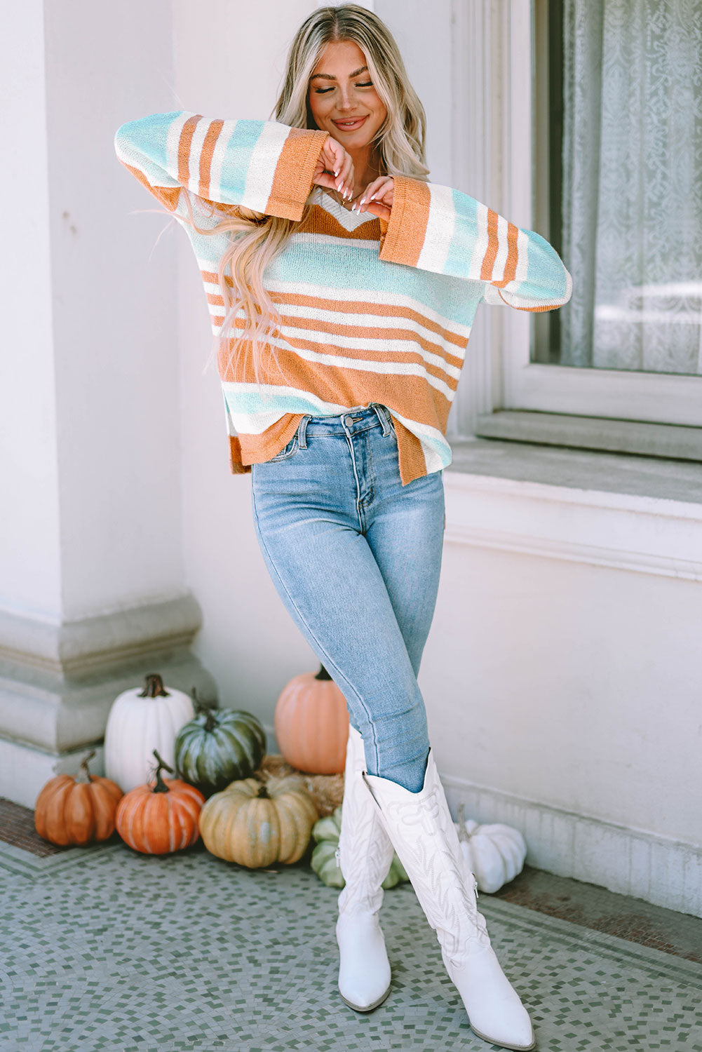 Women's Sweater with Split Stripe Long-Sleeve