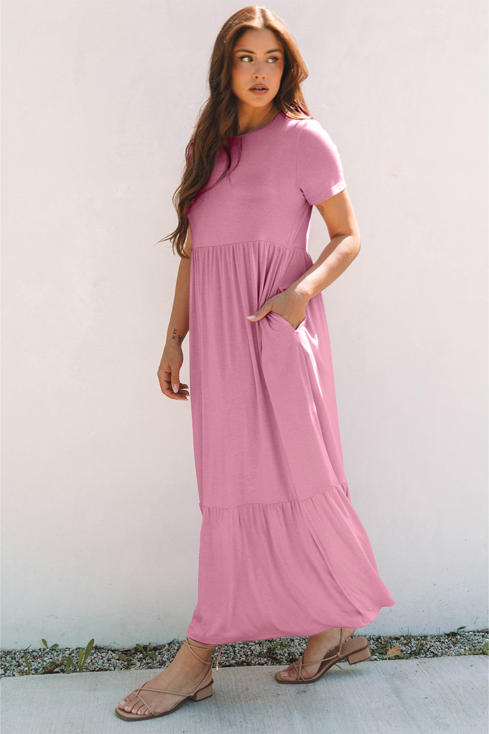 Solid Color T-shirt High Waist Pocketed Long Dress