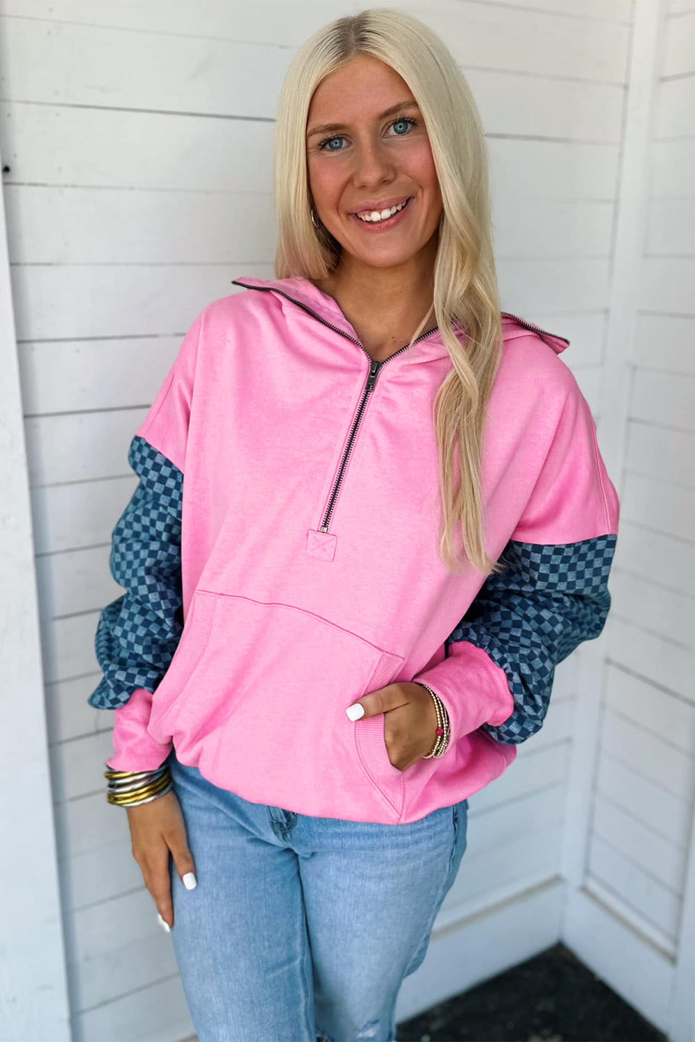 Patchwork Kangaroo Checkered Kangaroo Pocket Half Zip Hoodie