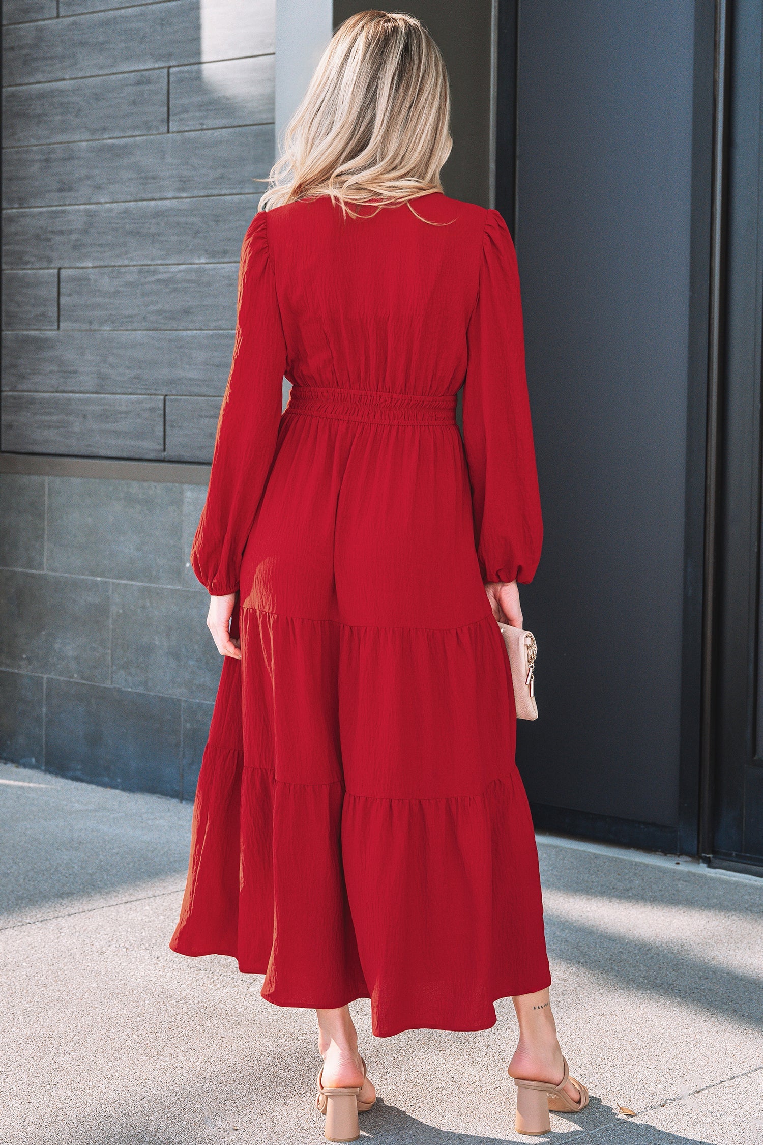 Detail Cinched Embroidered Cinched Waist Tiered Long-Sleeved Maxi Dress in Red