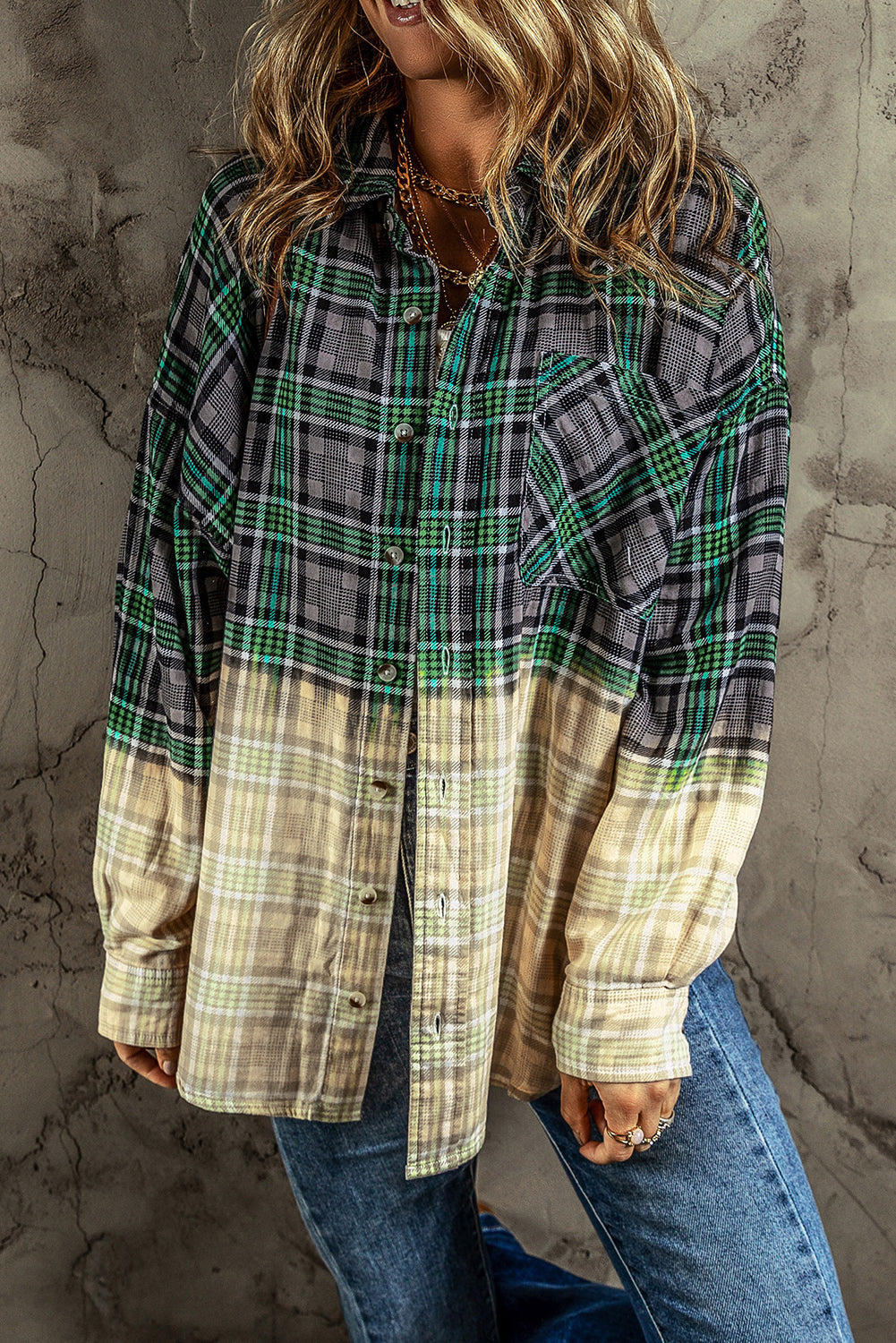 Women's Shacket with Pocket Button Plaid Chest