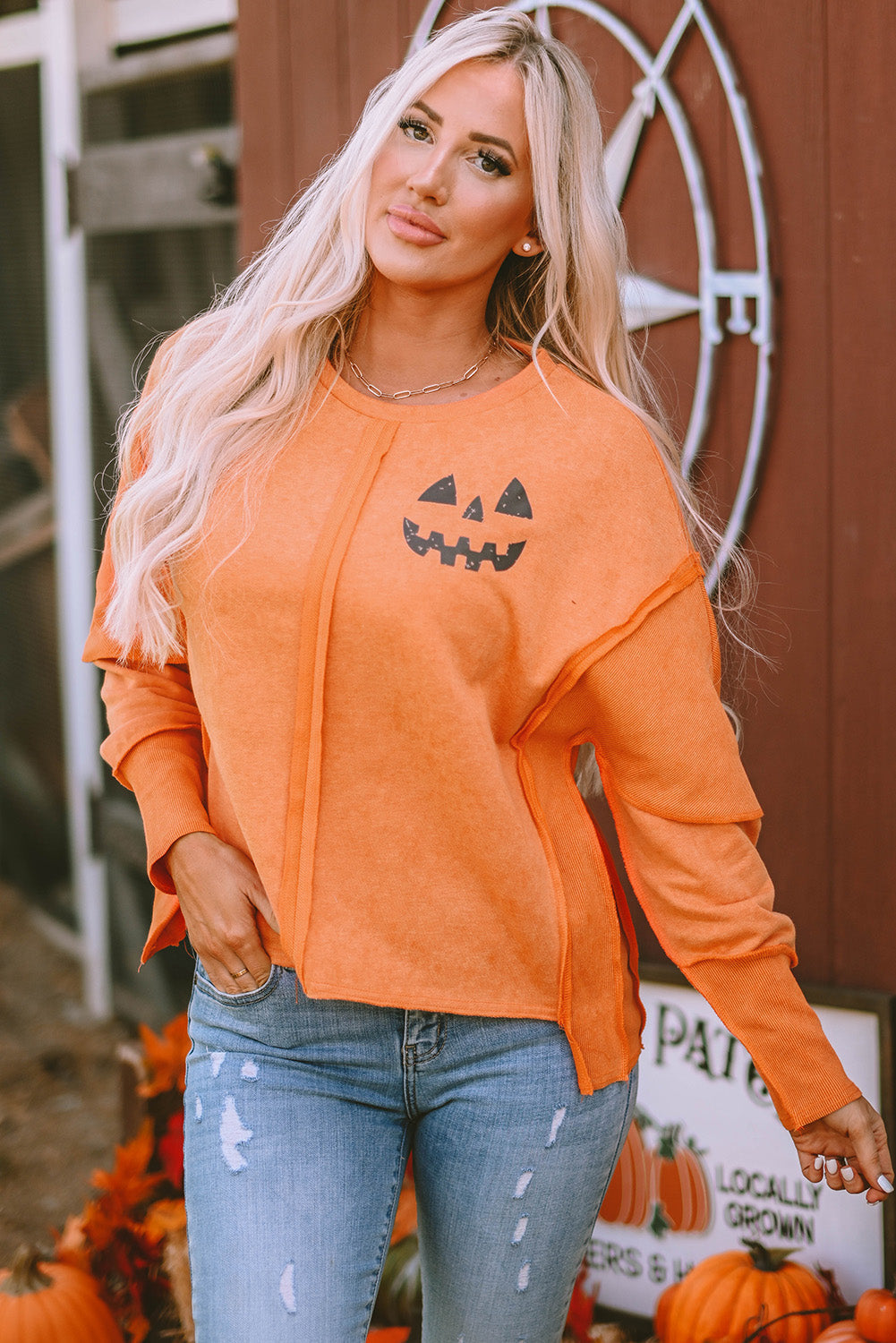 Women's Sweatshirt with Halloween Pumpkin Face Patchwork