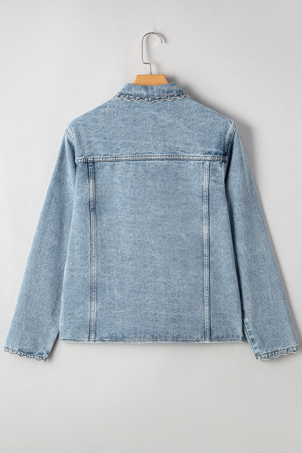 Scallop Patched Trim Collar Pocket Button-Front Denim Jacket