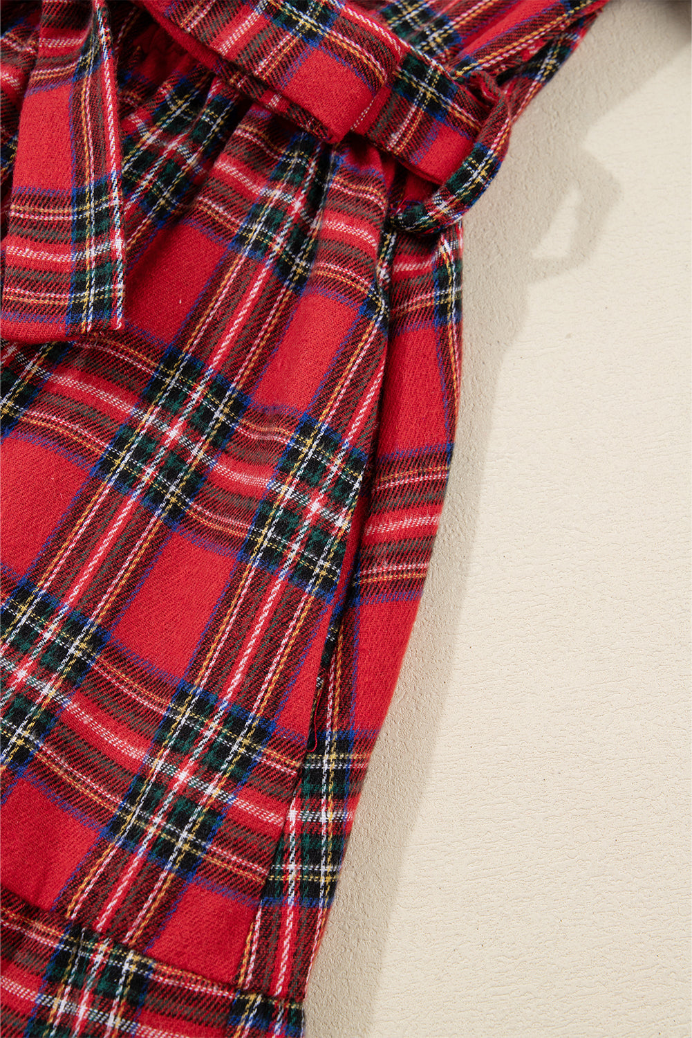 Christmas Plaid V-Neck 3/4 Sleeve Tie Waist Ruffle Hem Long Dress