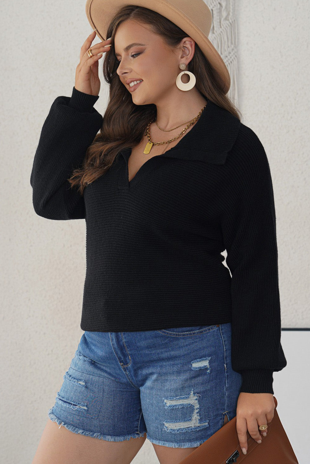Women's Knitted Lapel Collar Curvy Rib-Knitted Sweater