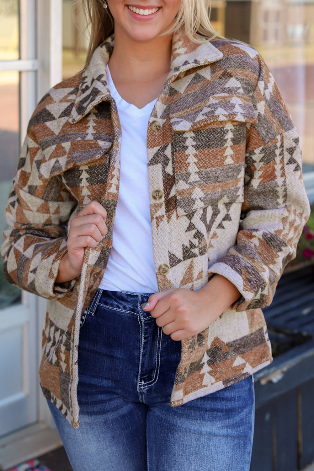 Jacket for Women Pocket Button-Front Aztec Flap