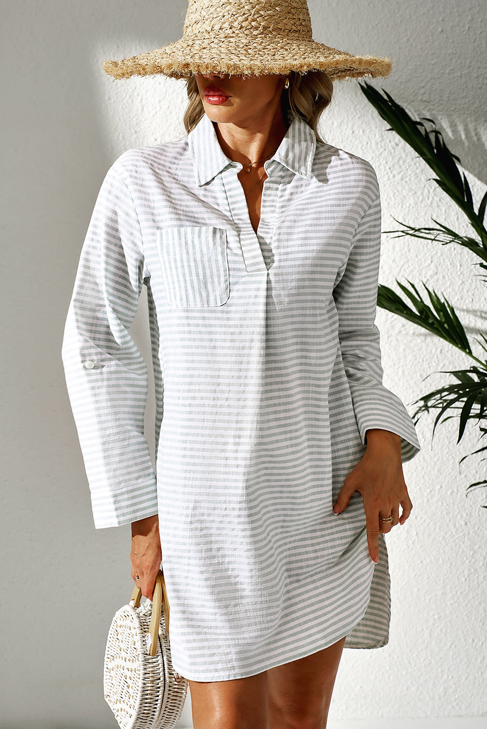 Collared V Neck Long Sleeve Beach Cover up