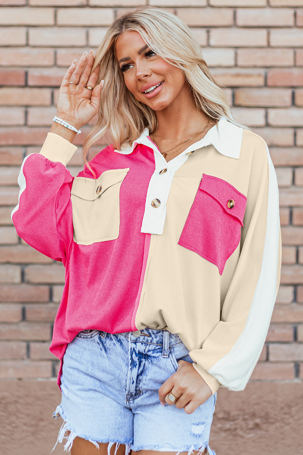 Colorblock Ribbed Collared Oversized Sweatshirt