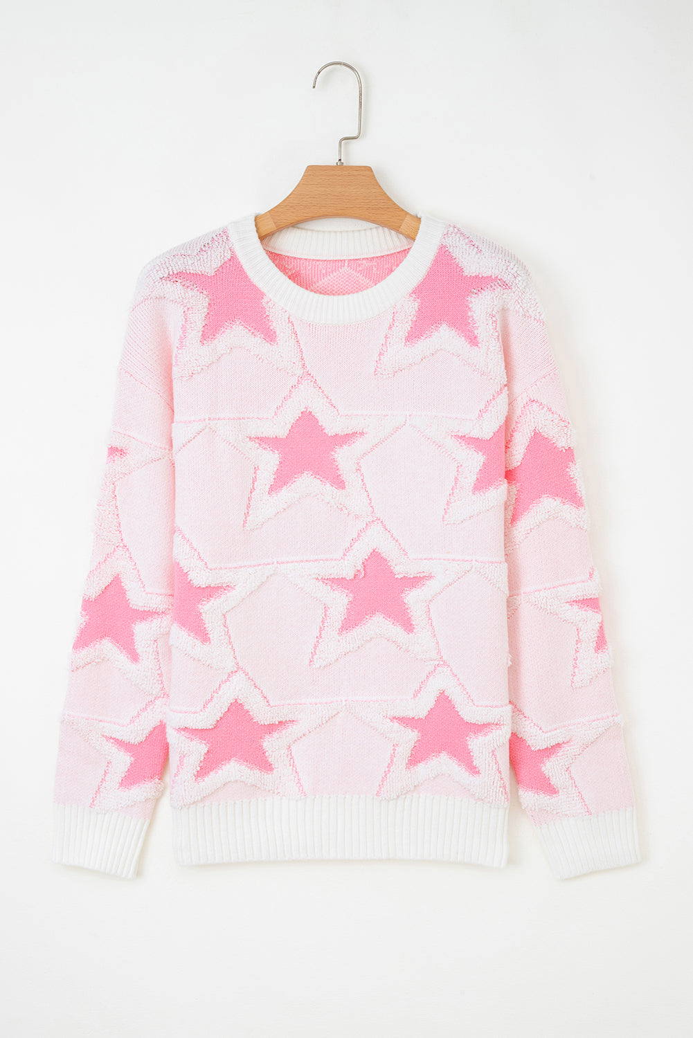 Roomy Cute Star Pattern Rib-Knit Edge Drop-Shoulder Knit Top
