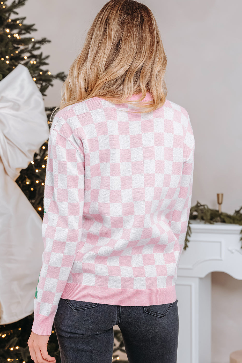 Checkered Christmas Tree Pattern Button V-Neck Cardigan Knit Top