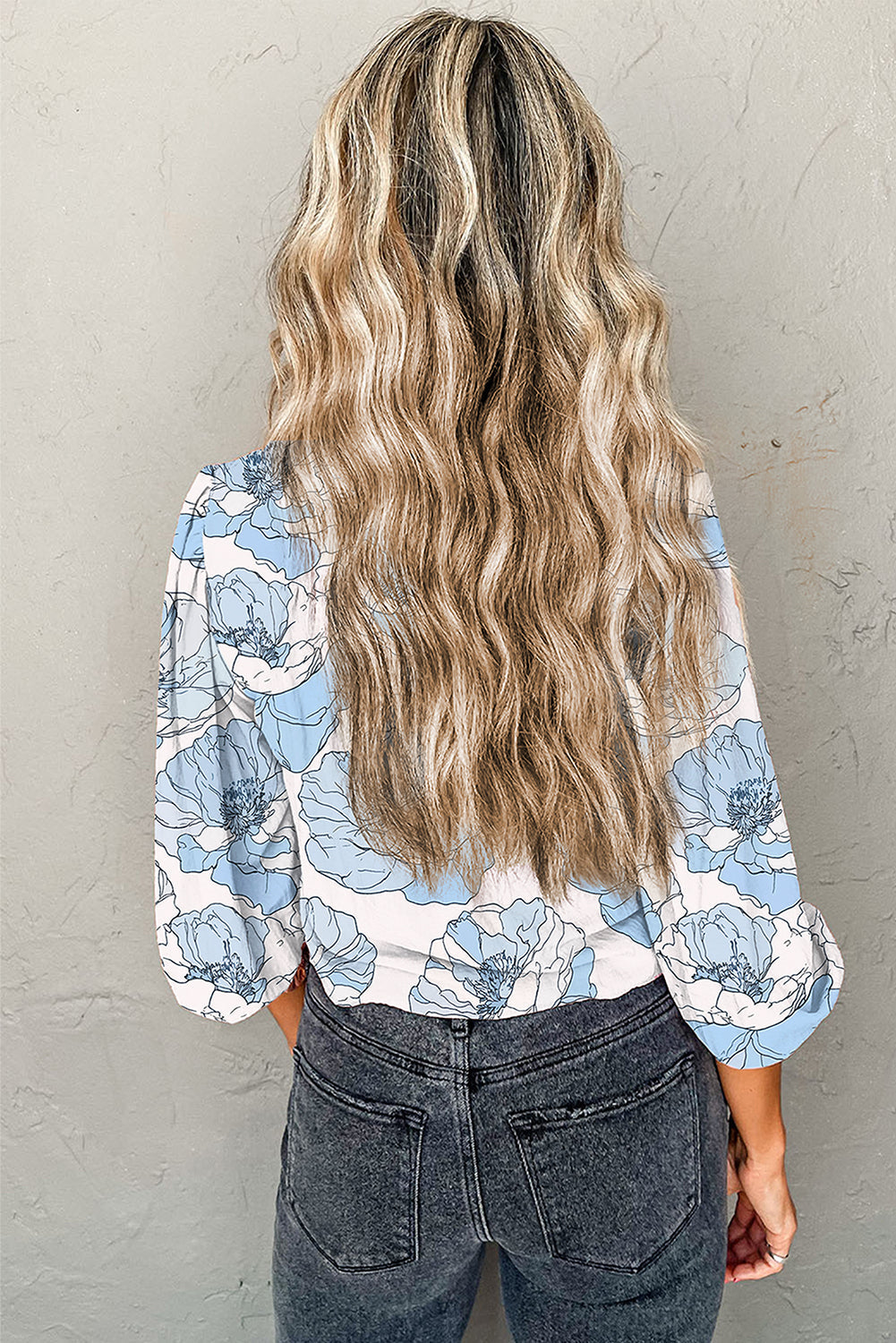 Floral-Print Frilly Smocked Square Neck Long-Sleeved Blouse