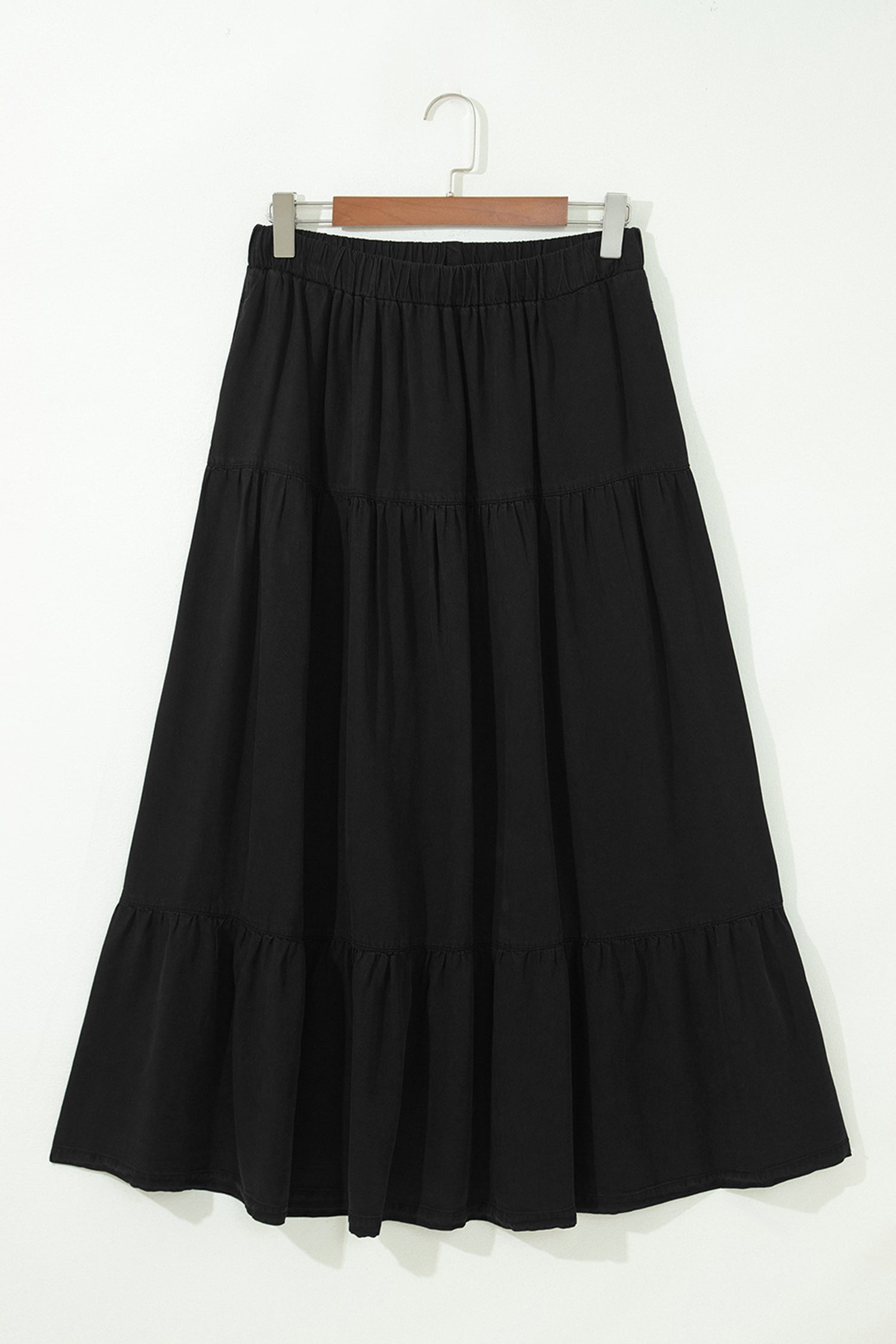 Waist Ruffled Elastic Ruffled Tiered Flared Denim Maxi Skirt in Black