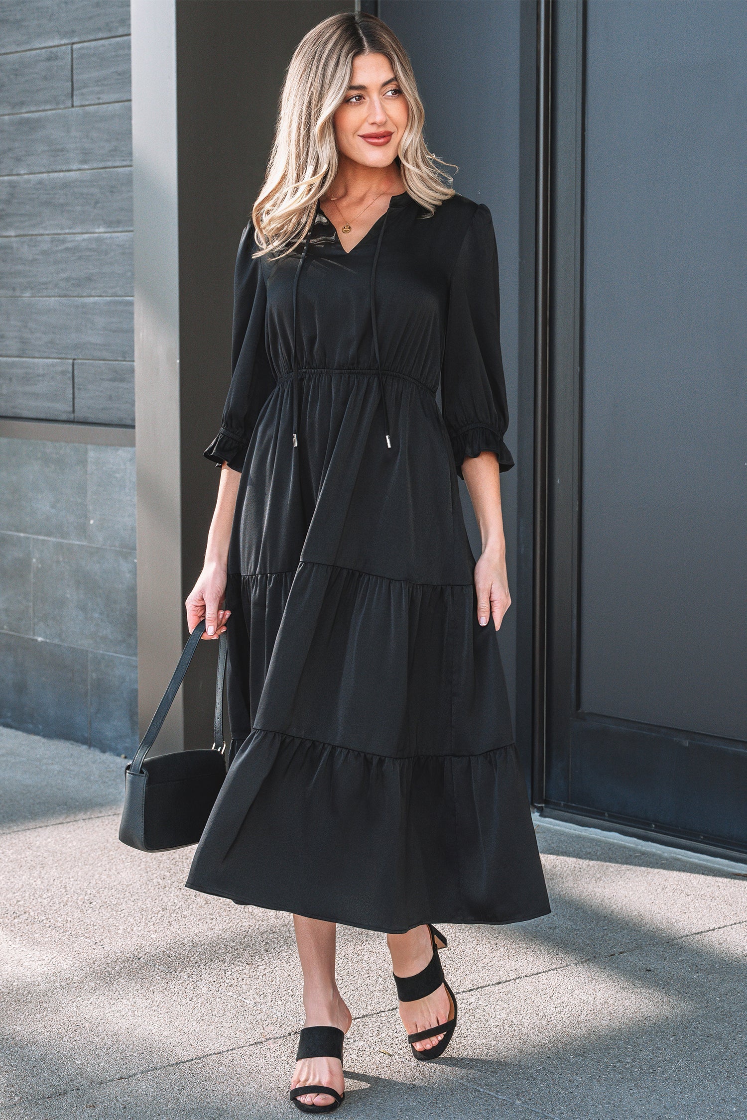 Sleeve Flounced Bracelet V-Neck Tiered Maxi Dress