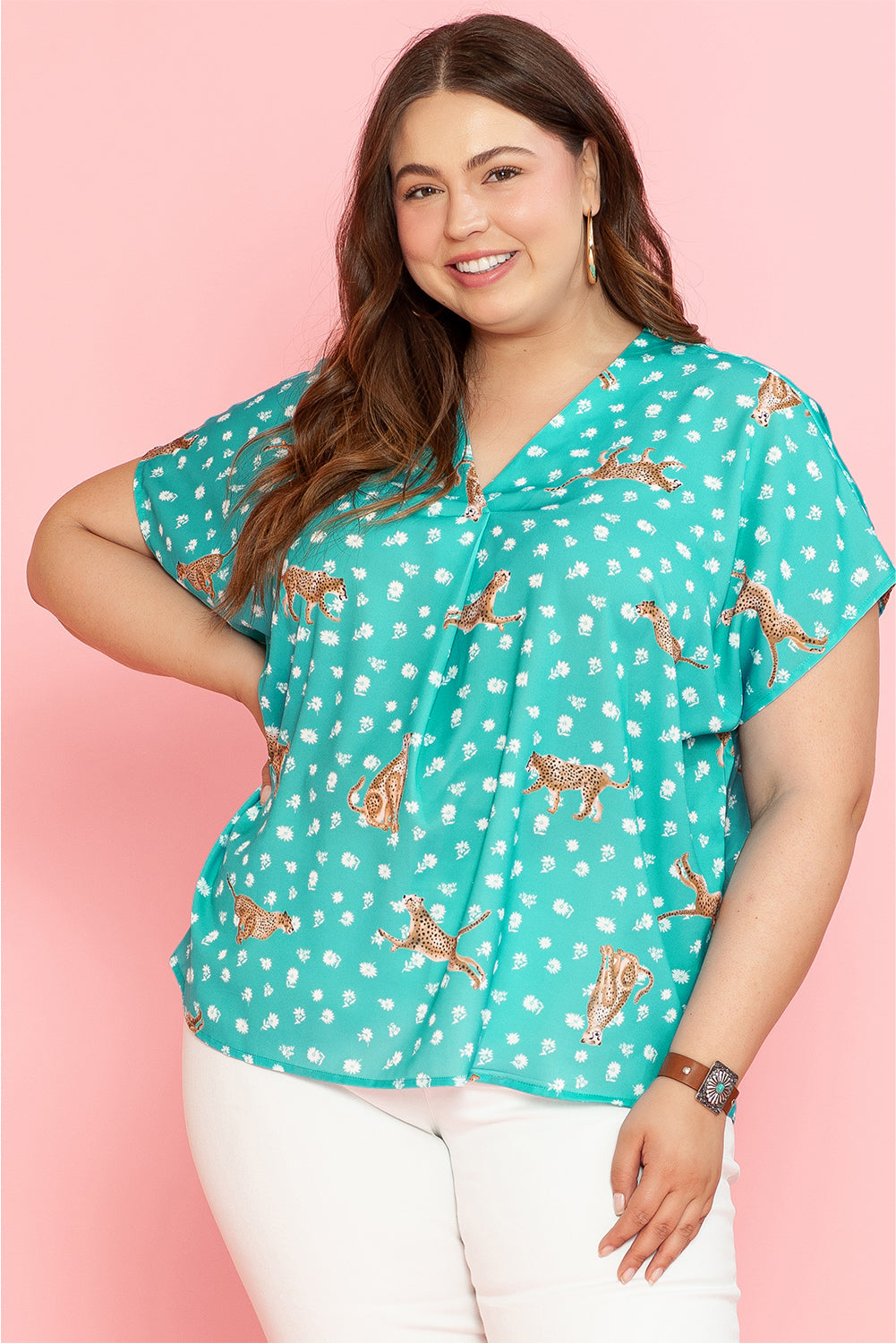 Women's Top with Cheetah V Neck Plus Size