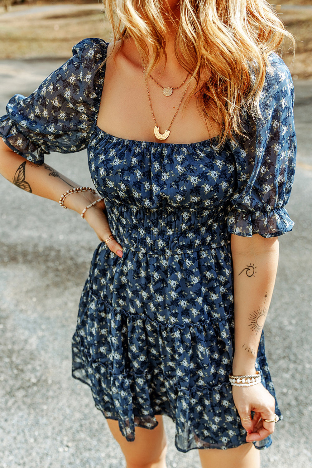 Women's Dresses with Floral-Print Shirred Layered