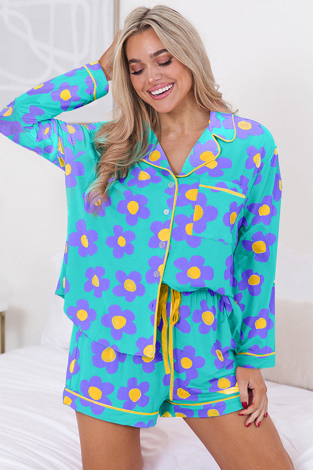 Print Long-Sleeved Flower Long-Sleeved Shirt Shorts Pajamas Set