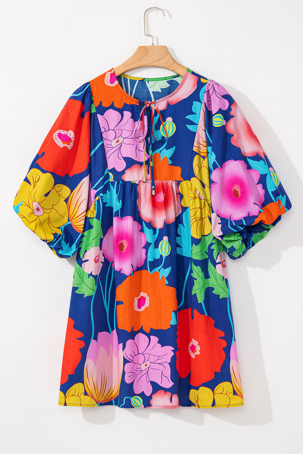 Floral-Print Split Neck Babydoll Dress