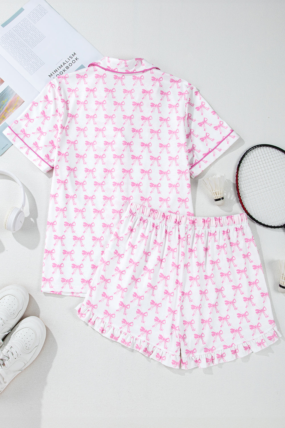 Bowknot and Printed Short-Sleeved Ruffled Shorts Pajama Set