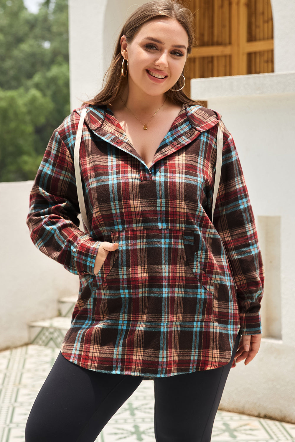 Women's Hoodie with Plus Size Plaid Kangaroo