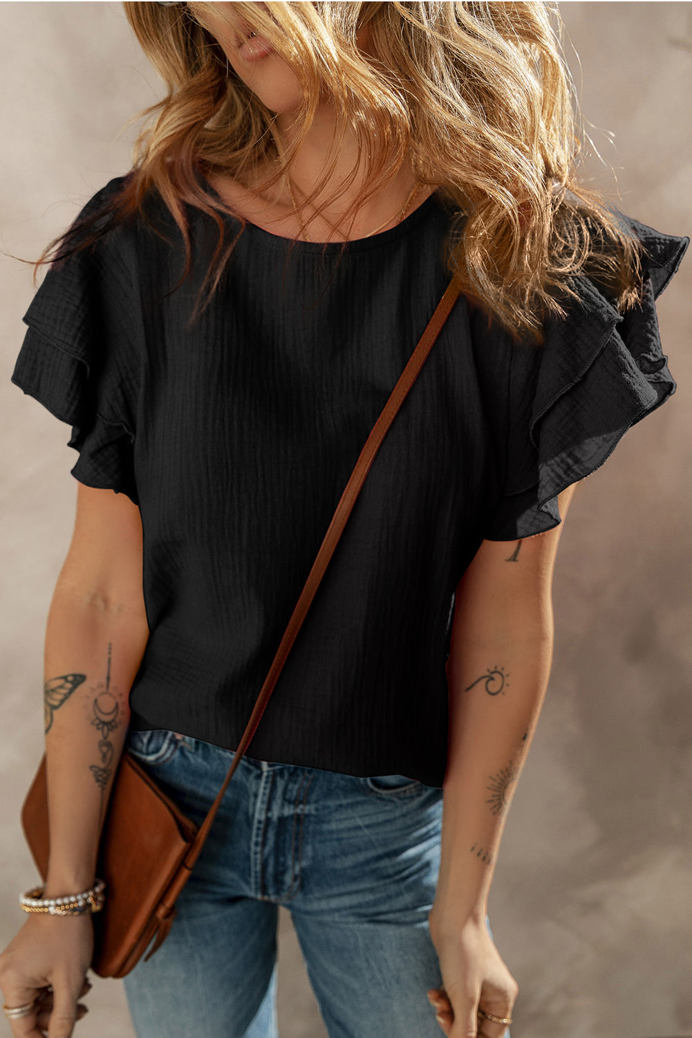 Crinkled Cotton Gauze Ruffle Sleeve Blouse
