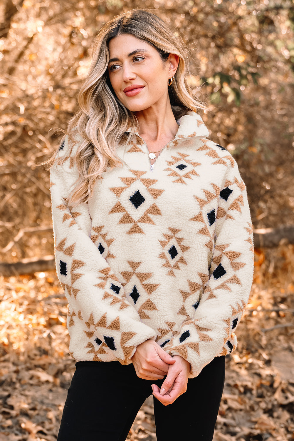 Aztec Print Sherpa Quarter Zip Collar Sweatshirt