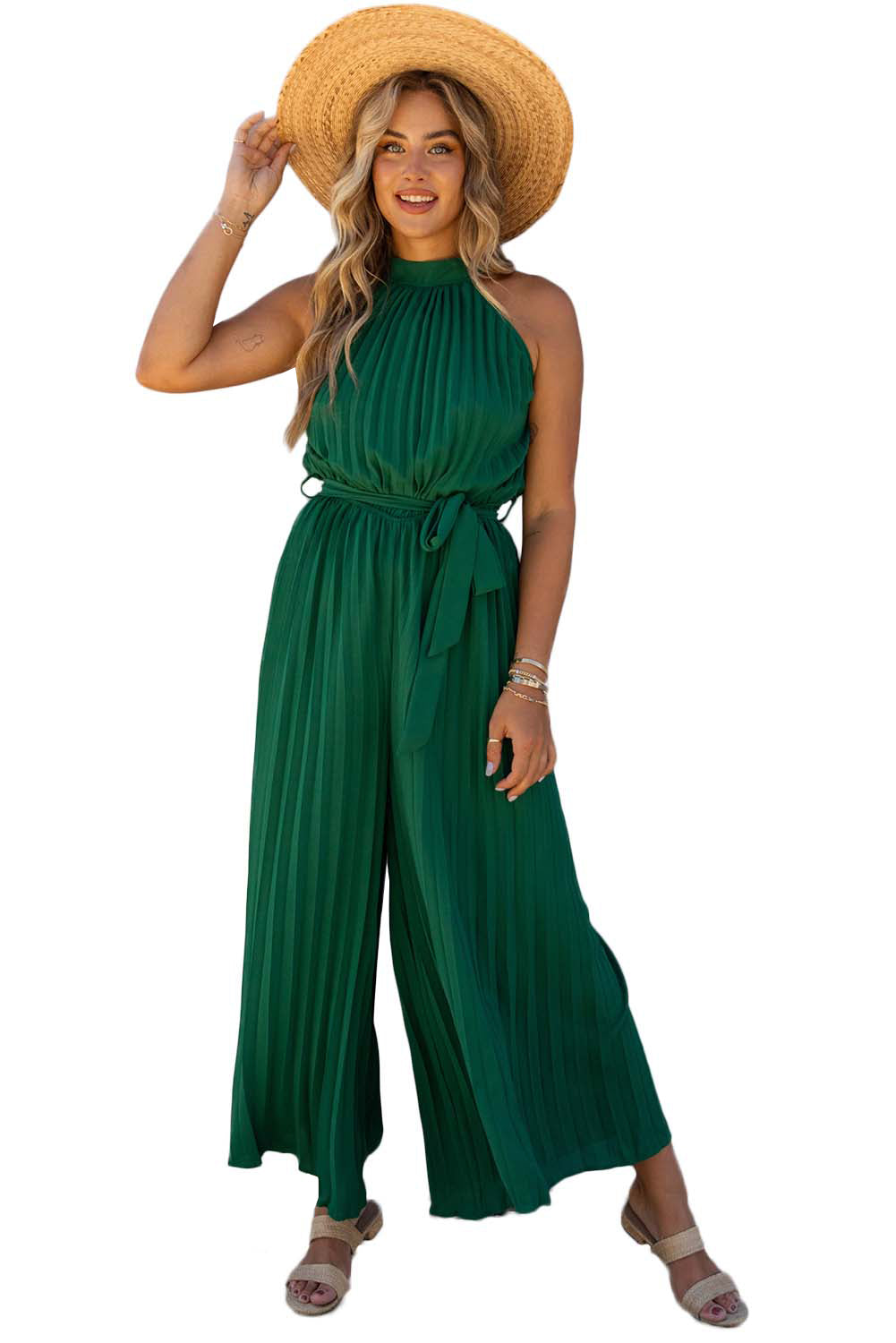 Leg Jumpsuit for Women Halter Neck Pleat-Detail Wide