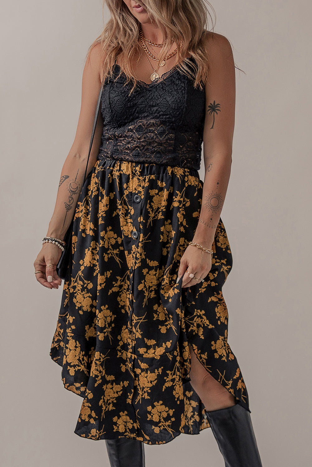 Women's Skirt Featuring Elastic Waist Floral-Print Ruffle-Trimmed