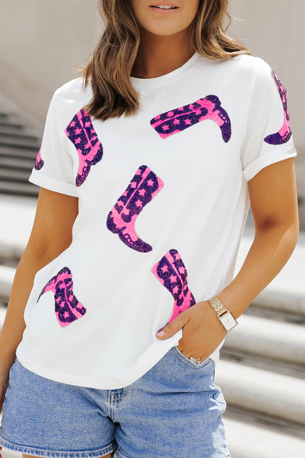 Women's T Shirt Featuring Neck Sequin Western Boots Round
