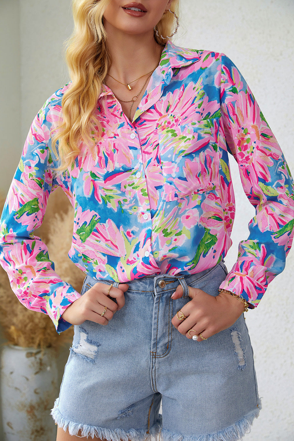 Shirt for Women Sheath Floral-Print Print Button-Front