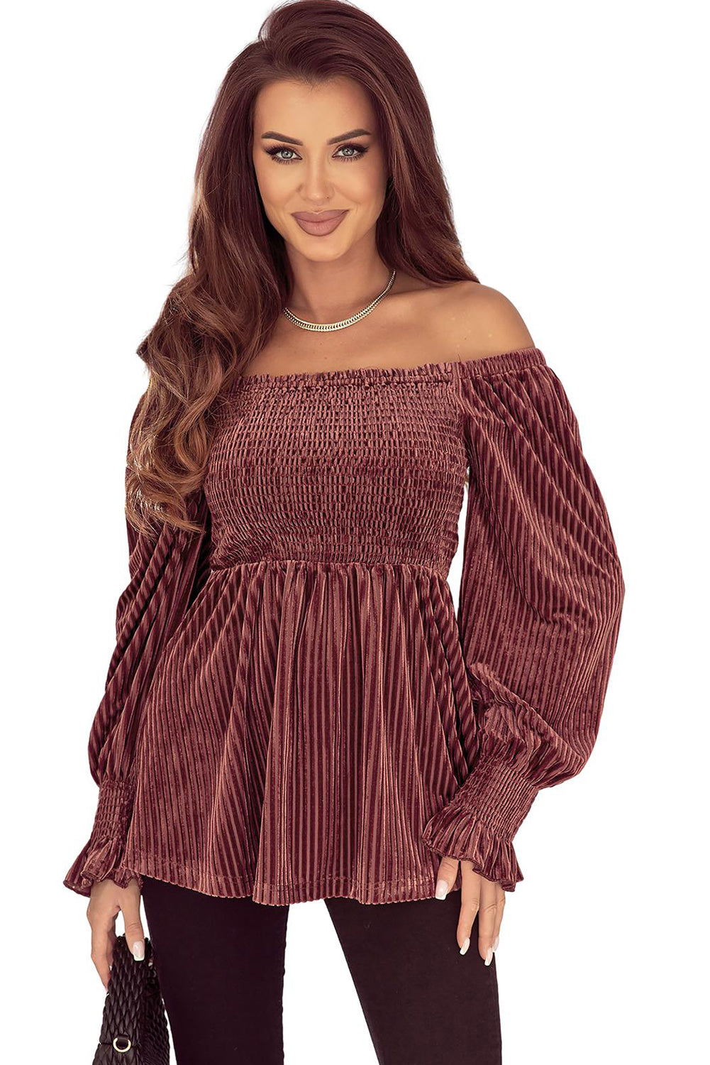 Babydoll Top for Women Shirred Rib-Knitted Velvet