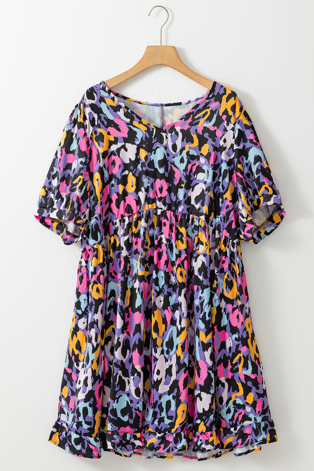 Women's Mini Dress with Plus Size Ruffle-Trimmed V Neck