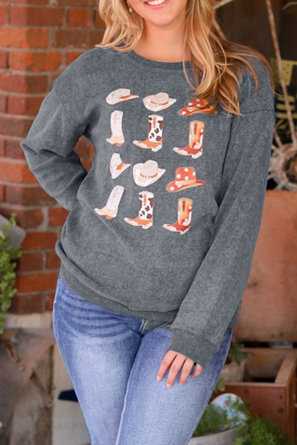 Women's Sweatshirt with Boots Cowboyhat Graphic-Print Corded