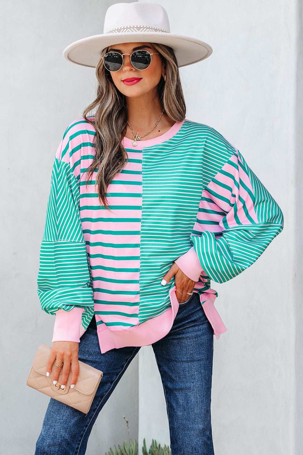 Colorblock Mix Pattern Patchwork Side Slit Baggy Sweatshirt