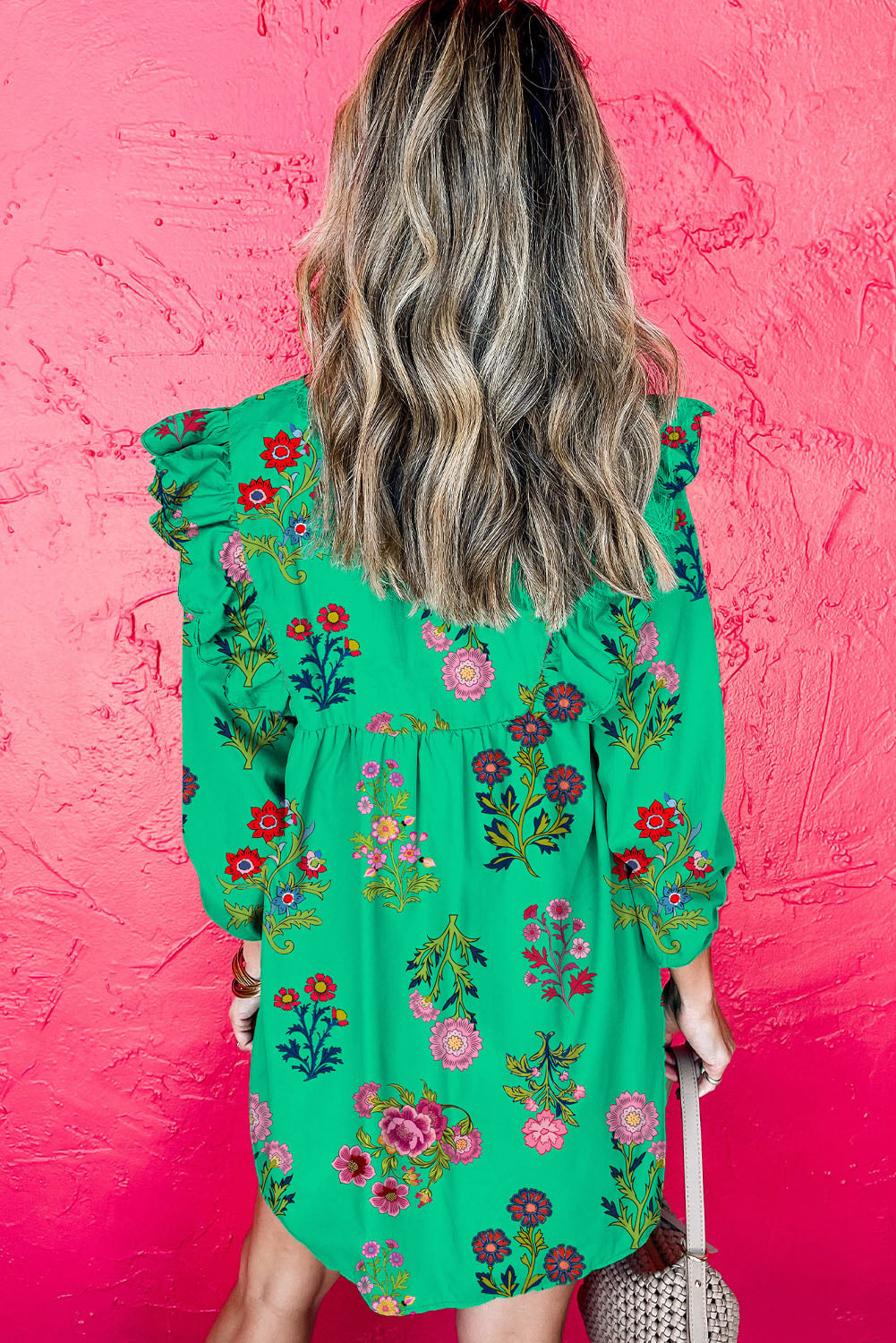 Floral Ruffled Three Quarter Sleeve Button-Front Mini Dress