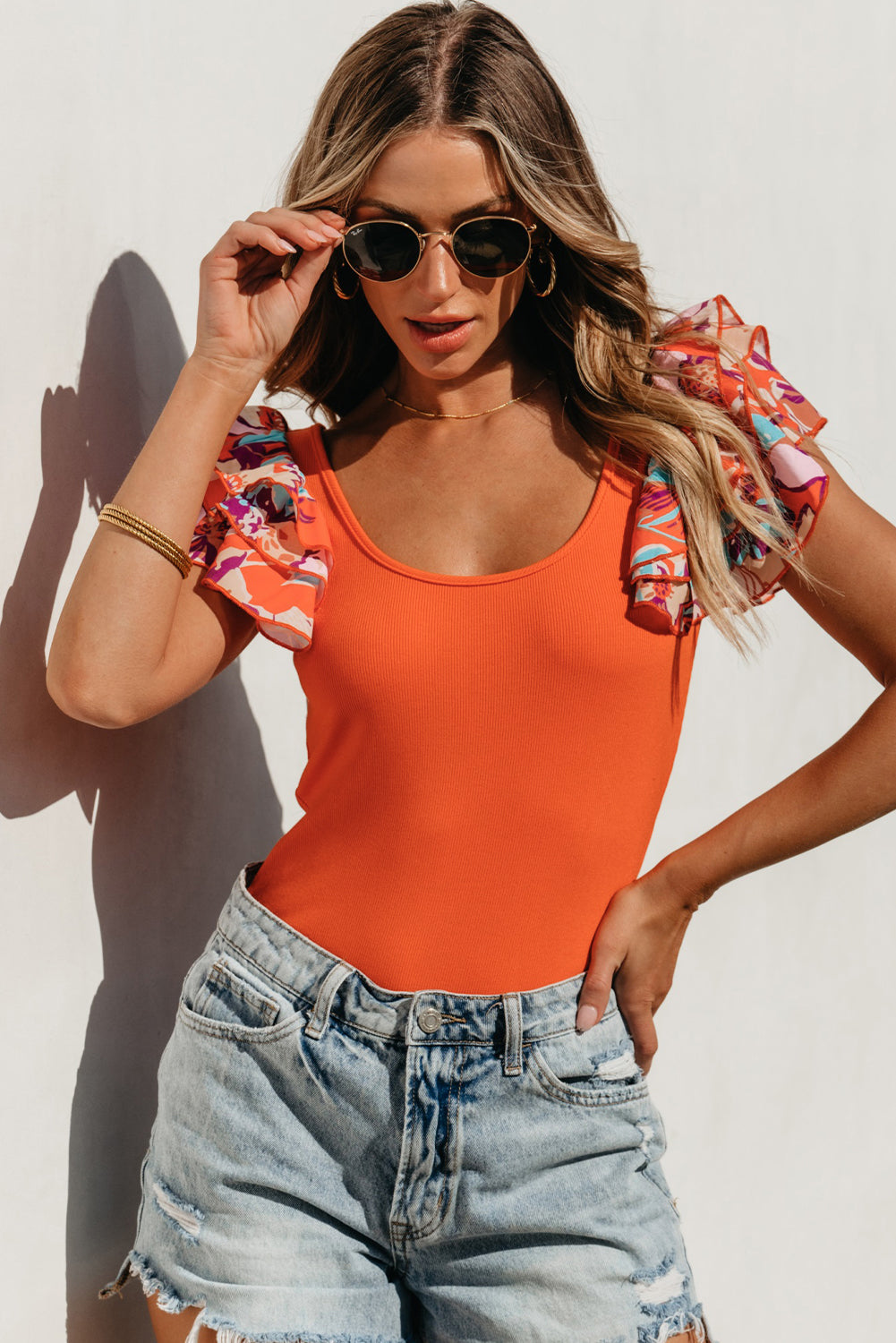 Women's Bodysuit with Rib-Knitted Knitted Layered Ruffle-Trimmed
