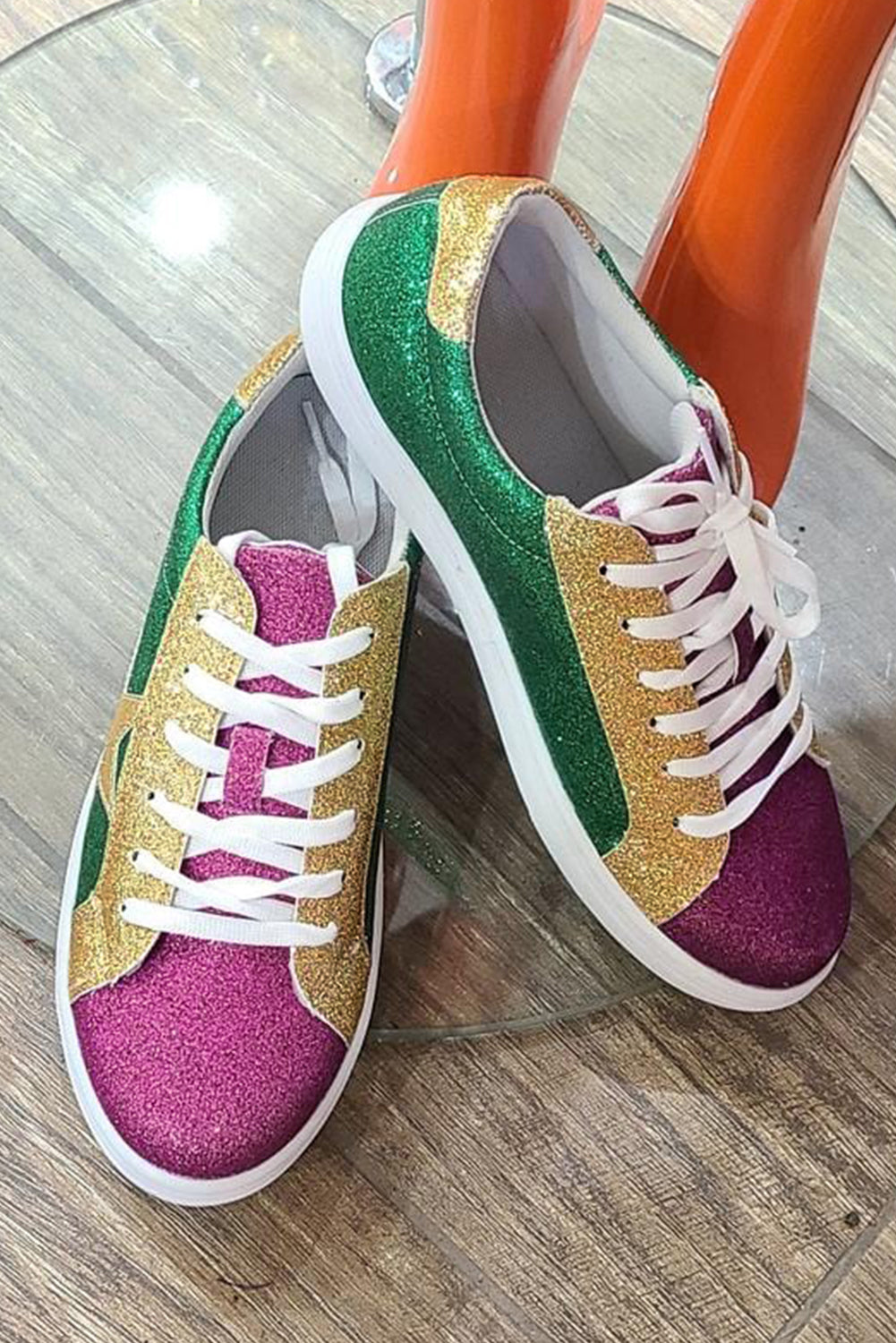 Mardi Color Gras Triple Sequin Lace up Flat Shoes