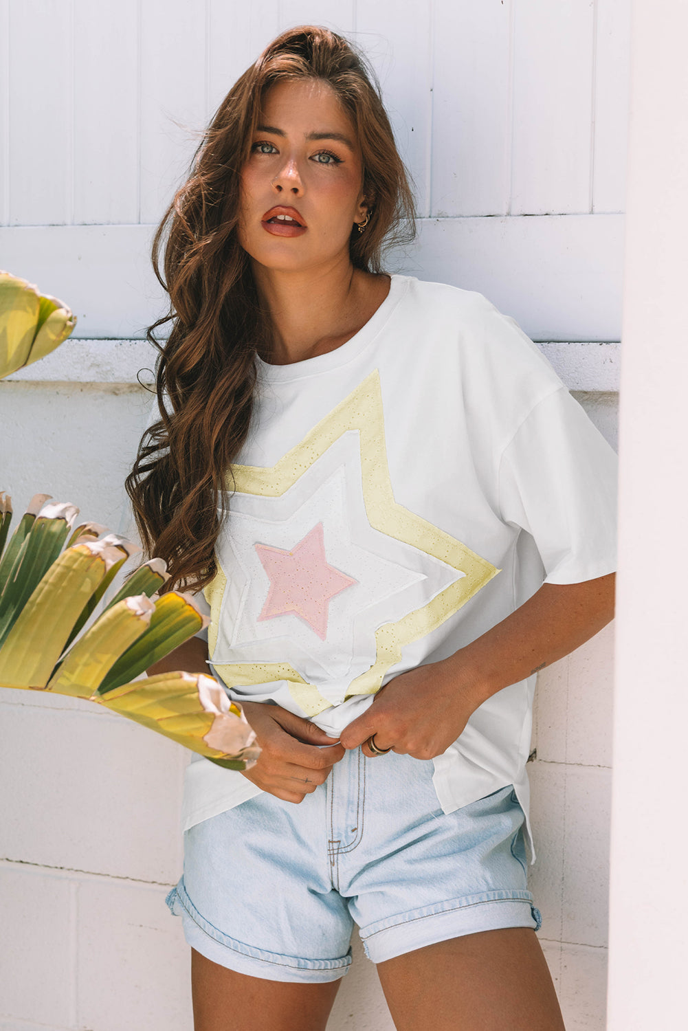 Star Layered Patched Graphic Drop-Shoulder Half Sleeve Loose Tee