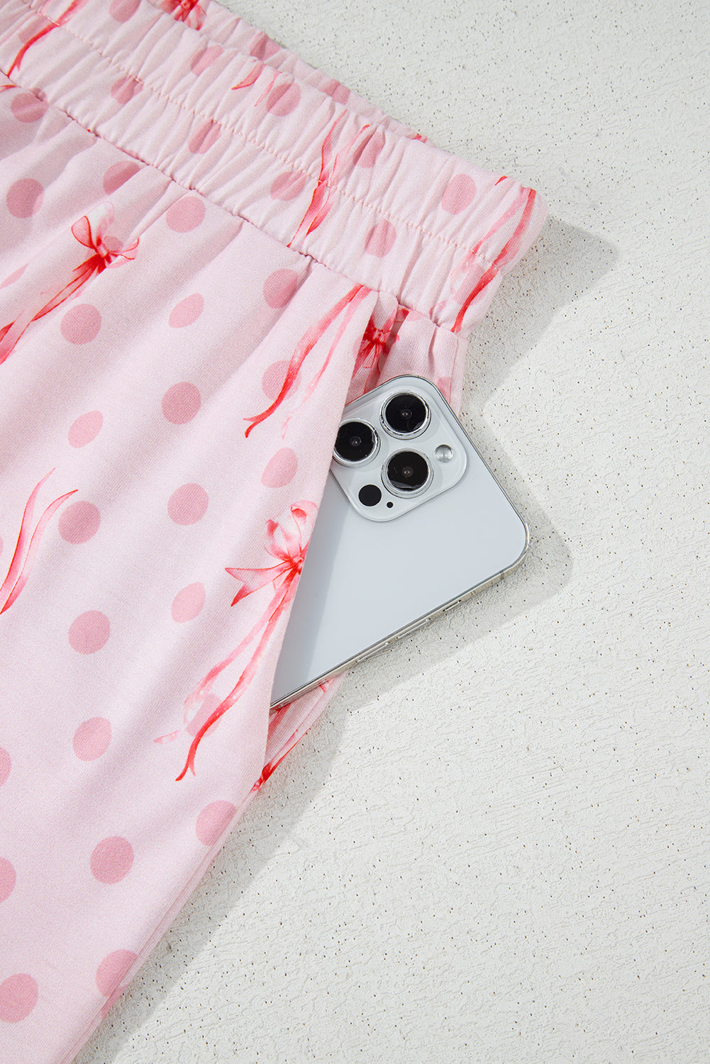 Bow Knot Polka-Dot Print Short-Sleeved Top Lounge Set