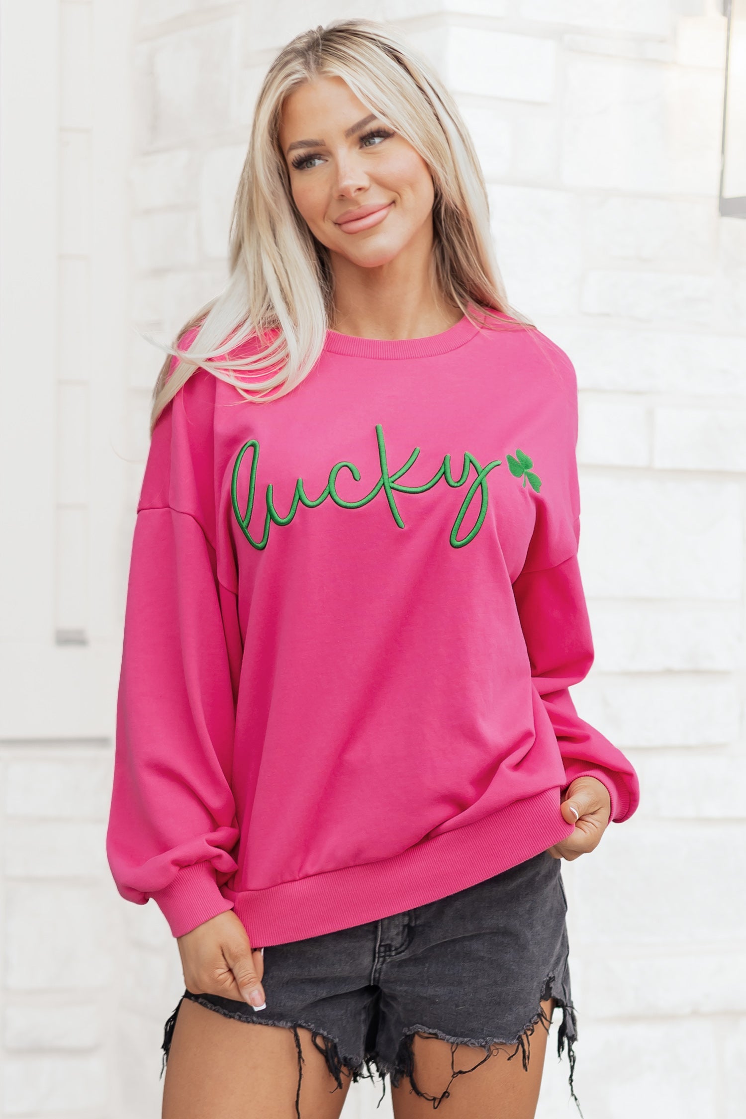 Embroidered Lucky Clover Loose Pullover Sweatshirt in Rose Red