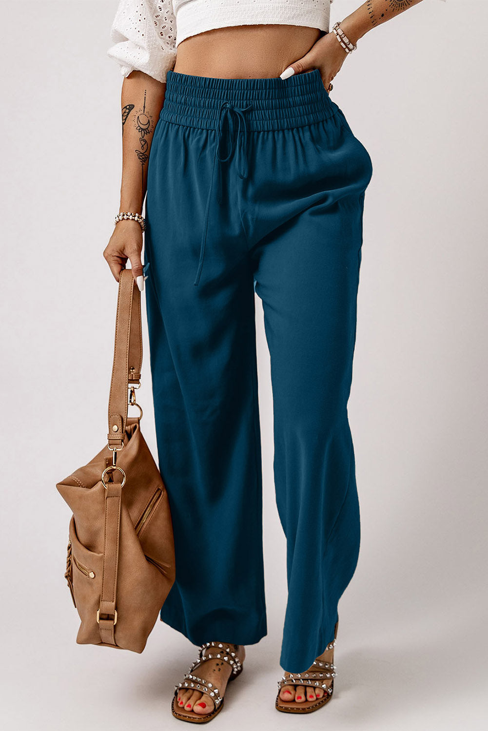 Women's Everyday Wide Drawcord Elastic Waist Leg Pants Everyday Style